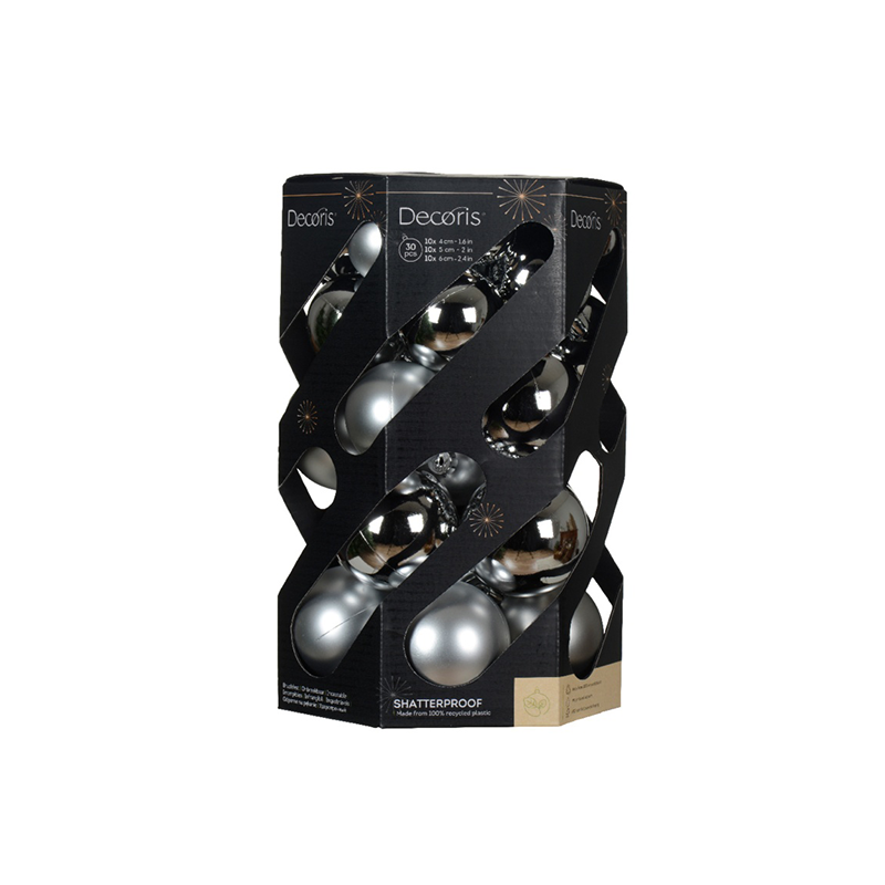 Shatterproof Christmas baubles in silver and black for festive decoration.