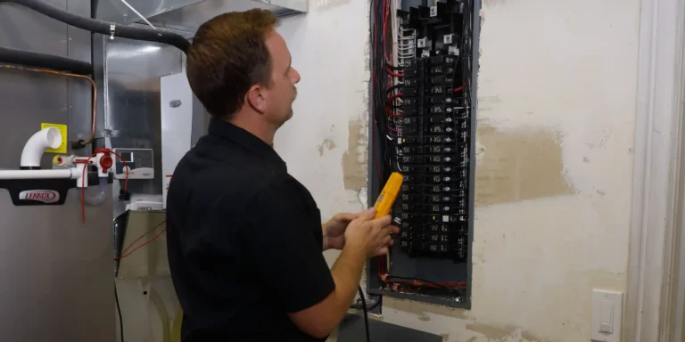 A skilled technician in a black shirt safely tests a circuit breaker panel, reflecting Black Diamond Experts’ trusted 24/7 service.