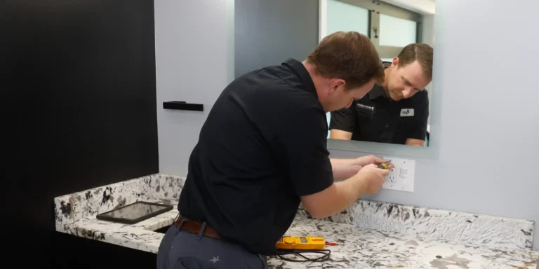 A skilled Black Diamond Experts technician repairs a bathroom outlet, ensuring safe, reliable service and peace of mind—day or night.