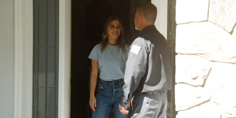 A smiling woman greets a Black Diamond Experts technician at her door, confident in 24/7 trusted home repair and comfort services.
