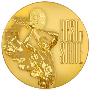 Gold Best of State medal featuring a figure holding a laurel wreath and a disk, with "Best of State" text on the right side.