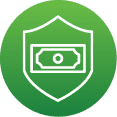 A white outline of a shield with a banknote in the center, set against a green circular background, symbolizes financial security and trust inspired by Black Diamond Experts.