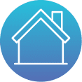 White outline of a house with a chimney, set against a blue gradient circular background—ideal for representing Black Diamond Experts' trusted home services.