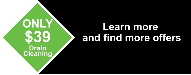 Green diamond advertises "$39 Drain Cleaning." Next to it, white text reads: "Learn more and find more offers" on a black background.