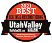 A circular badge reads "2021 Best Heating & Air Conditioning, Utah Valley Magazine," with additional text for plumbing, heating, and air.