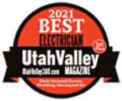A circular badge reads, "2021 Best Electrician, Utah Valley Magazine, 1st Place," with smaller text for related services.