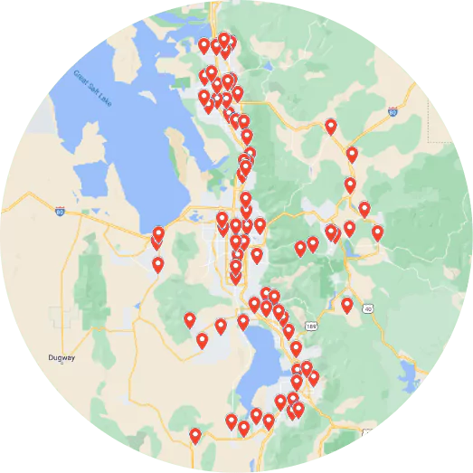 A map featuring red location pins along Utah’s north-south corridor, highlighting Black Diamond Experts’ trusted 24/7 home services.