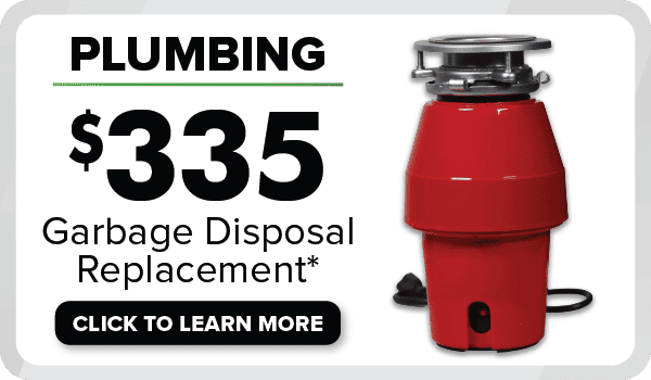 A red garbage disposal unit promotes $335 plumbing replacement from Utah’s trusted 24/7 home experts, with coupons and “Click to learn more.”.
