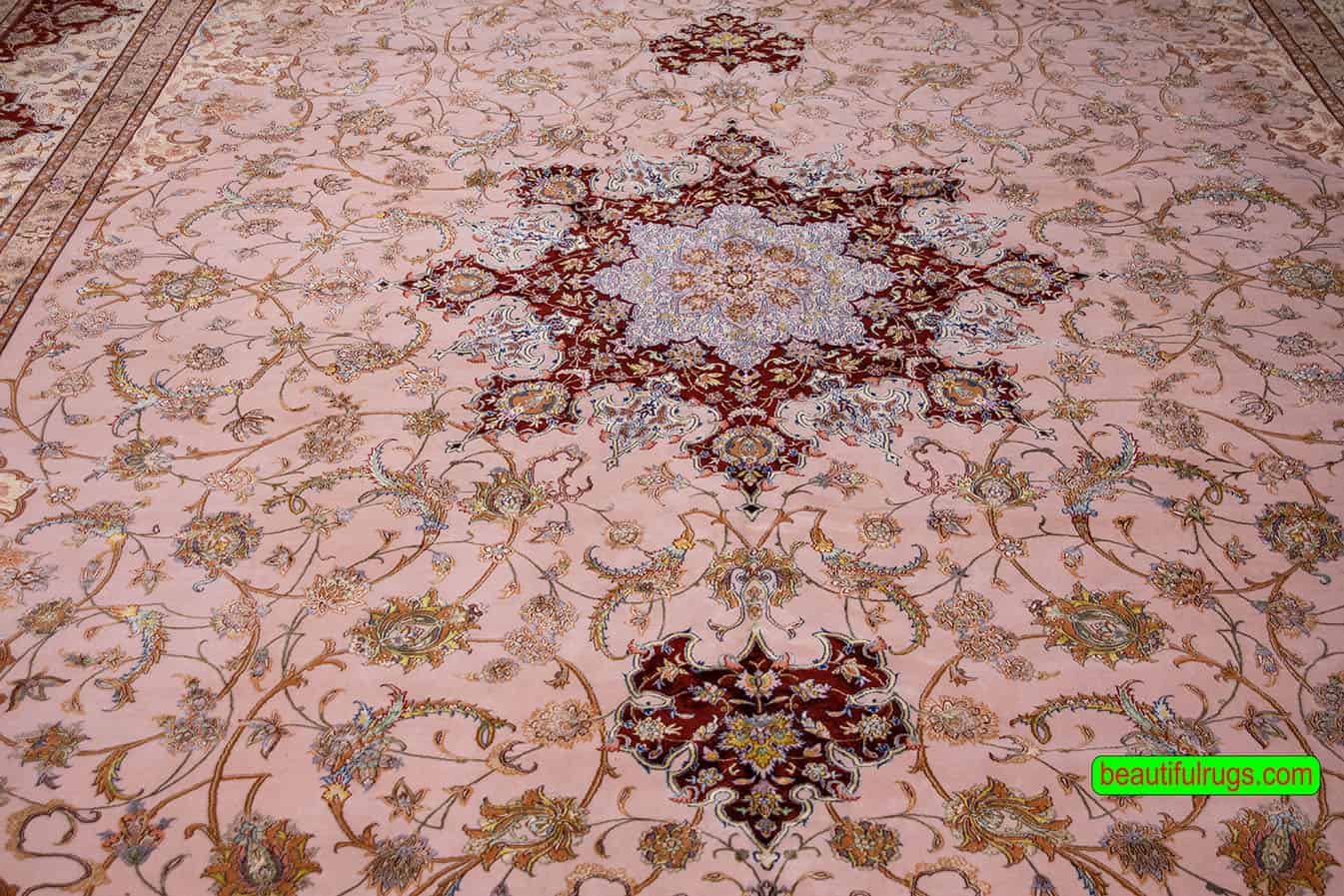 Oversized rug, beautiful handmade luxury Persian Isfahan rug in beige, gold, and maroon colors. Size 11.9x17.