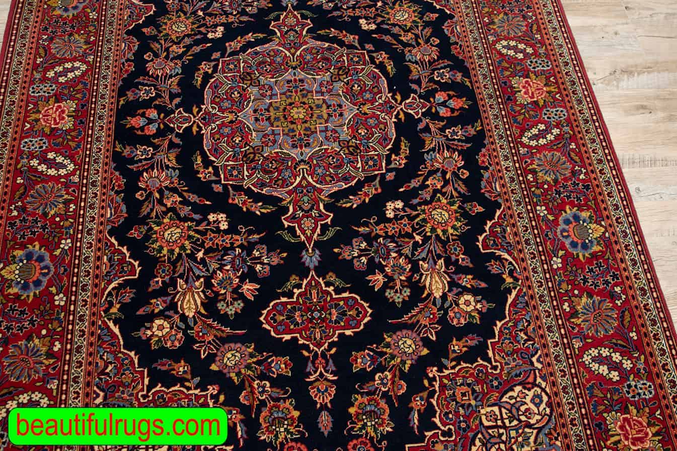 Handmade Vintage Rug, Antique Persian Kashan Rug, Navy Blue Rug. Size 4.4x7.