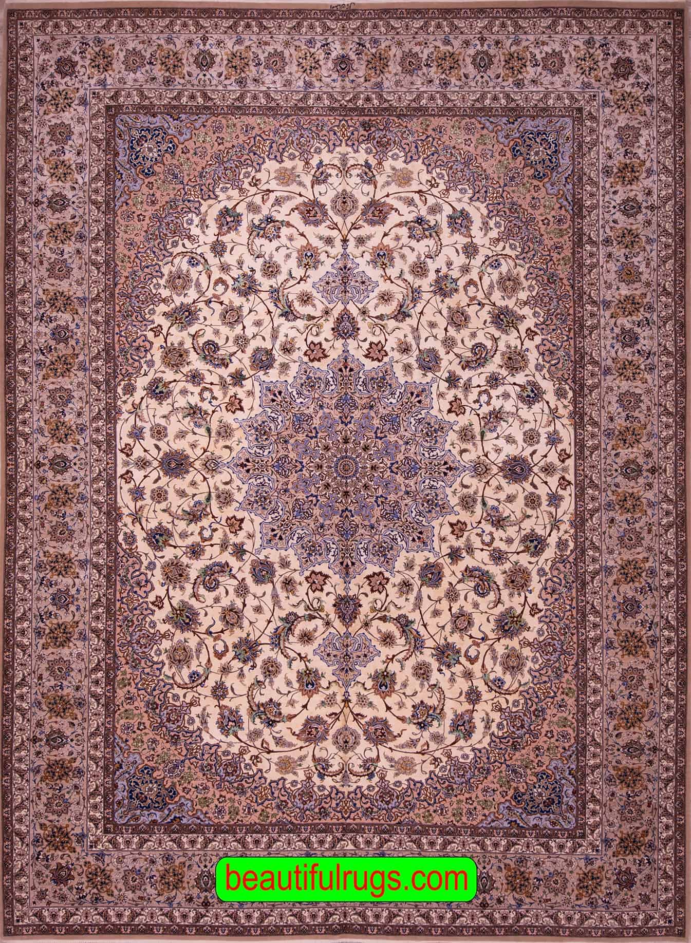 Fine Persian Isfahan Silk Rug, Cream and Earth Tone Color Rug. Size 8.8x11.4