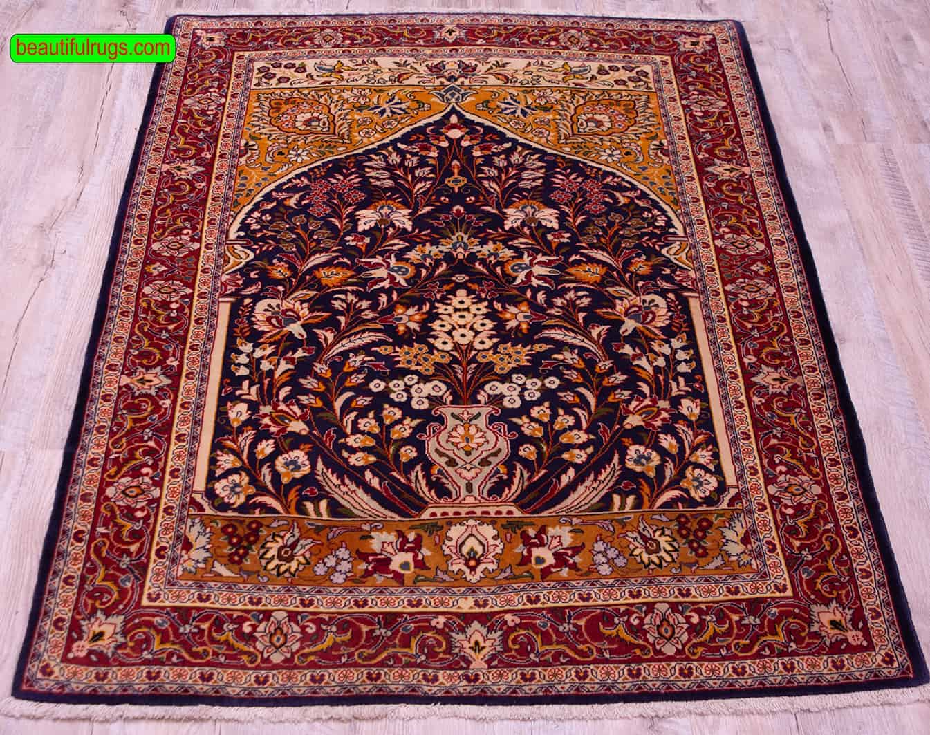 Vintage Persian Sarouk prayer rug in navy blue color. Size 3.7x4.10