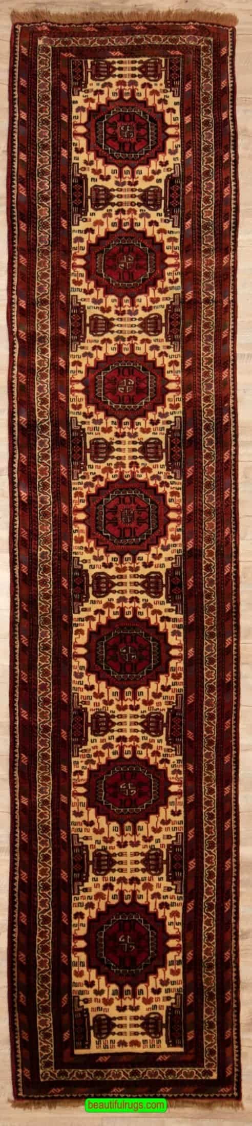 Hand Woven Persian Baluchi Hallway Runner Rug, Tribal Design Rug. Size 2.9x12.4.