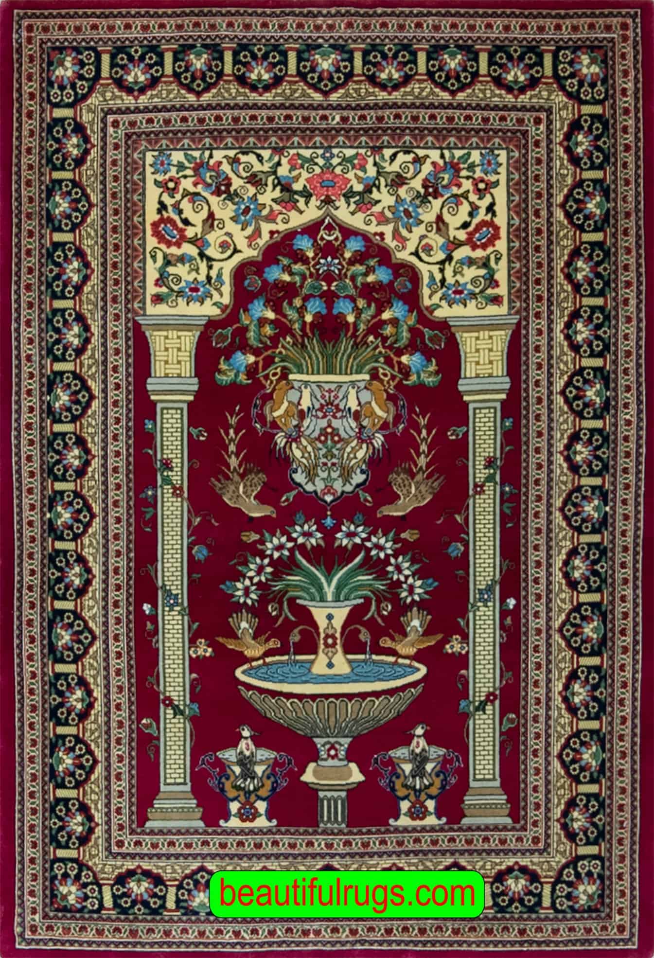 Prayer rug handmade Persian Qum rug in maroon red color made of fine kork wool. Size 3.5x5.