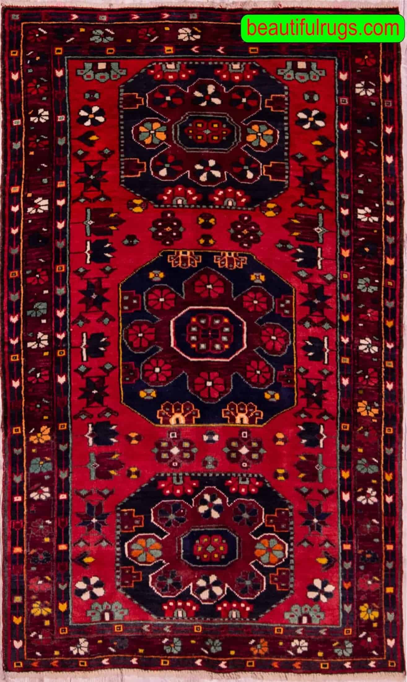 Authentic handmade Russian Caucasian rug with red and navy blue colors. Size 4.6x6