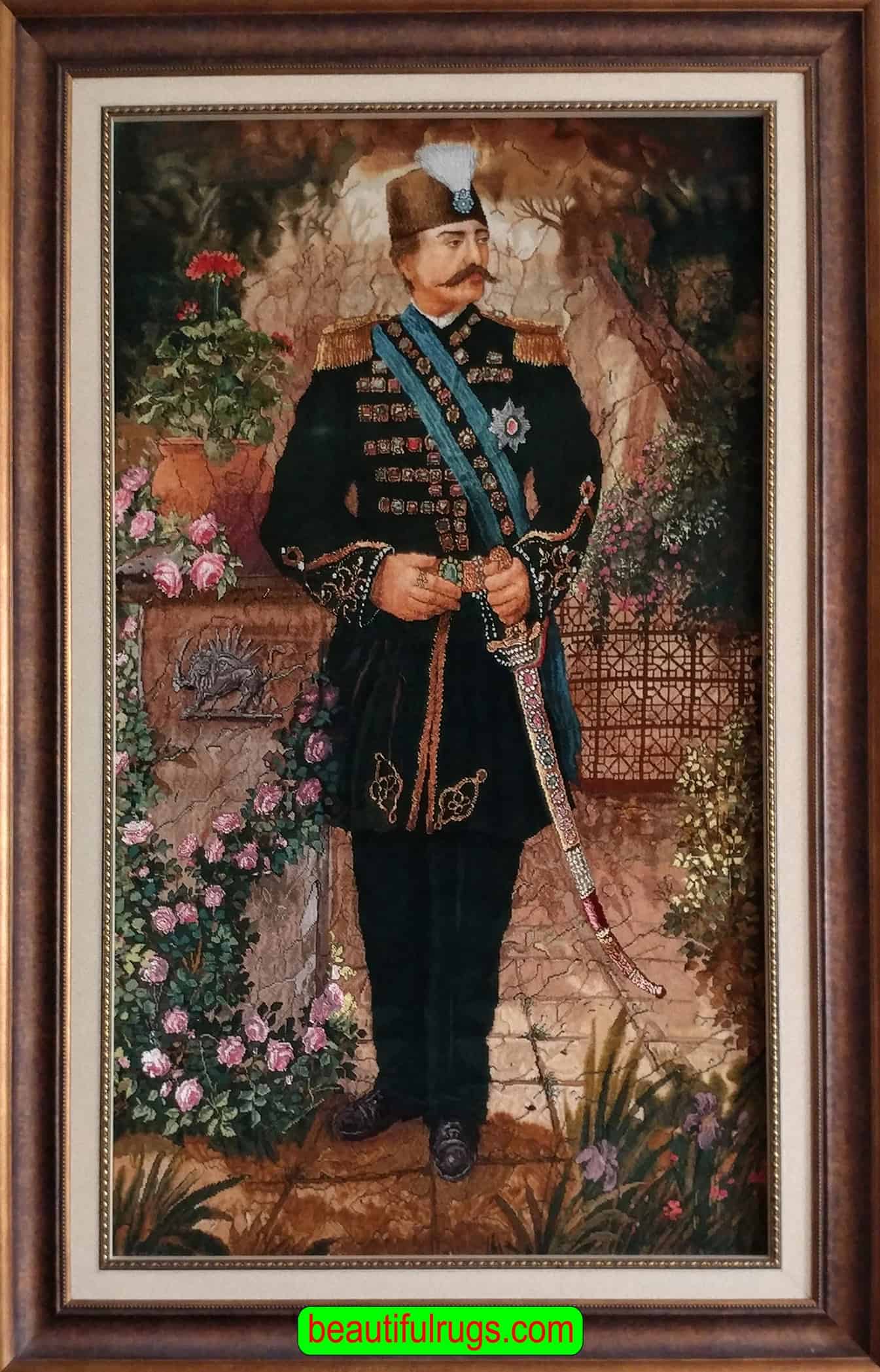 Handmade Persian wall hanging rug portrait of Naser al-Din Shah Qajar. Size without frame 2.3x3.9.