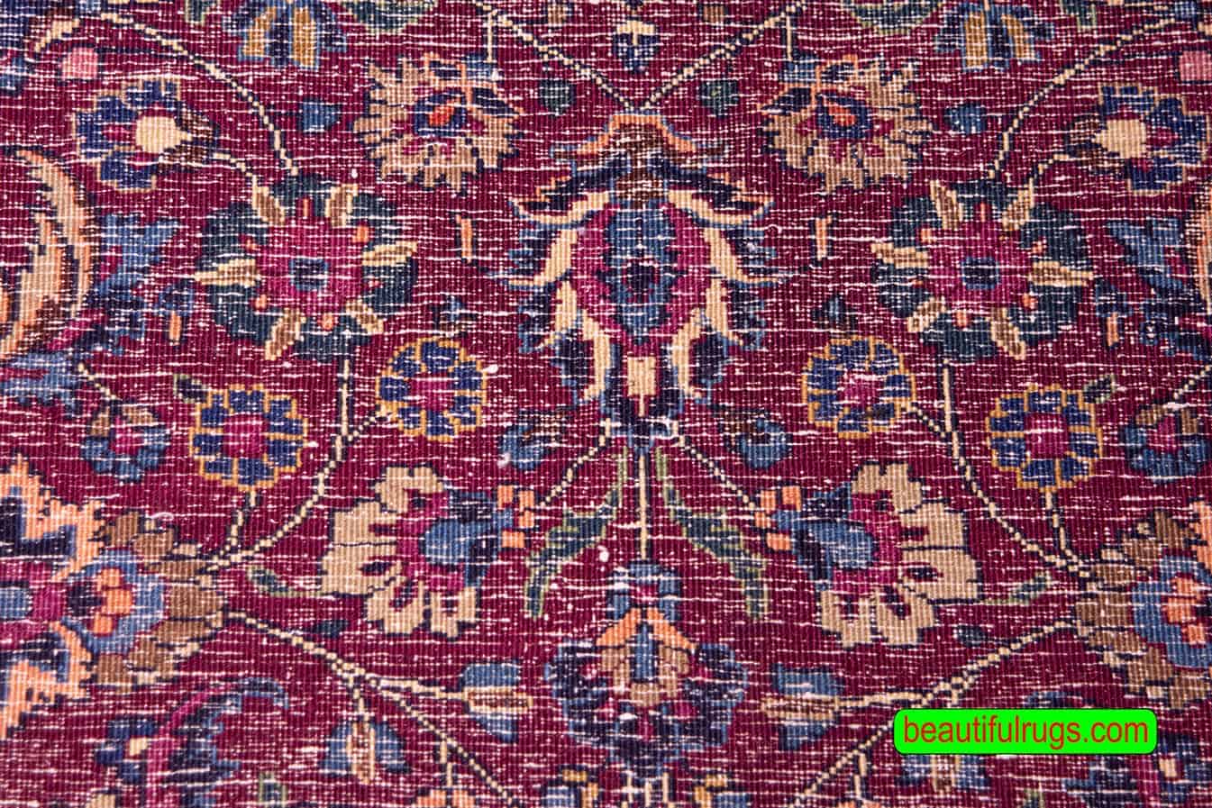 Wide and long Persian Mashad Runner rug in raspberry red color. Size 4.3x16.9