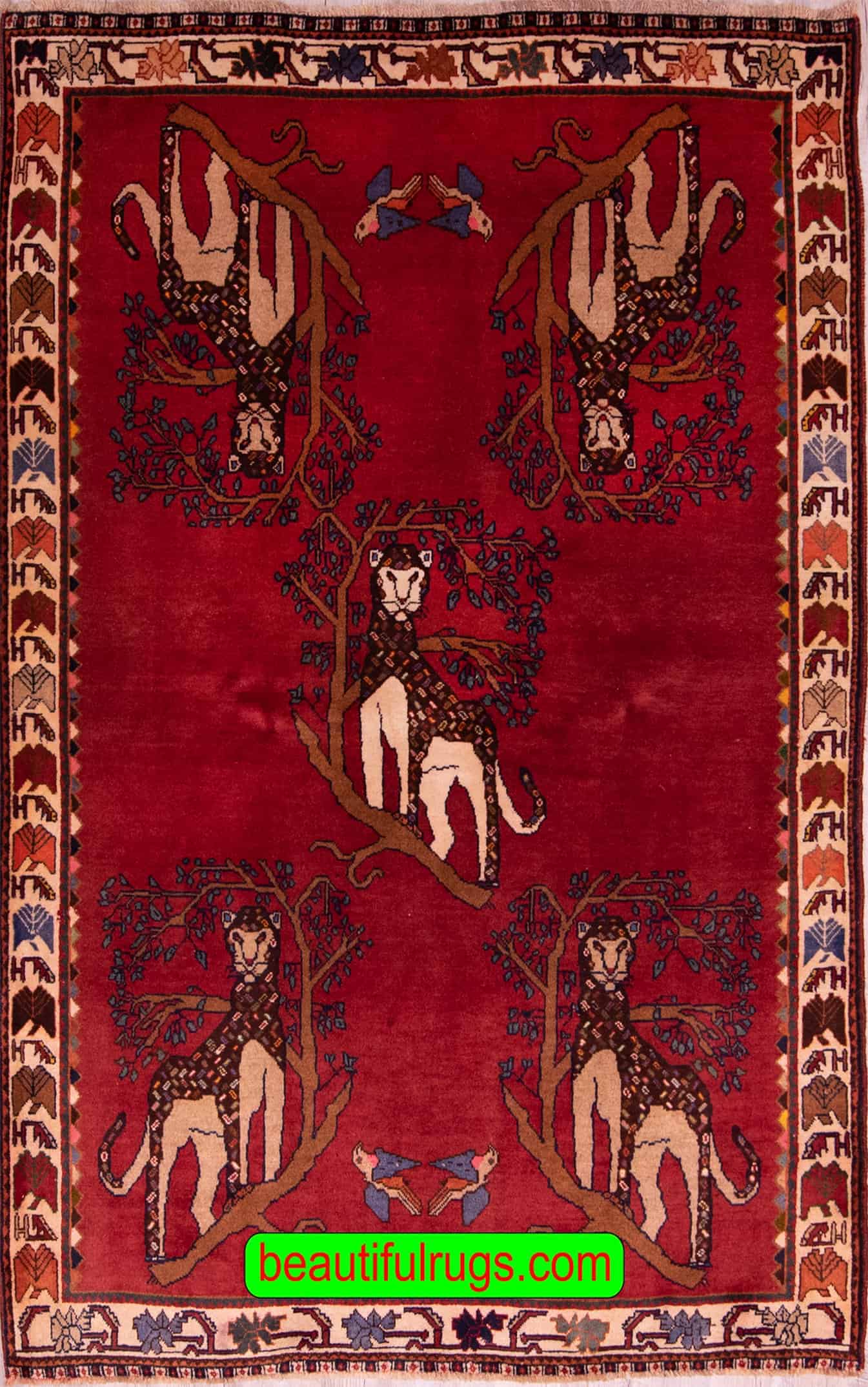 2681- Tribal Rug, Persian Shiraz Rug with Lion, Red Rug