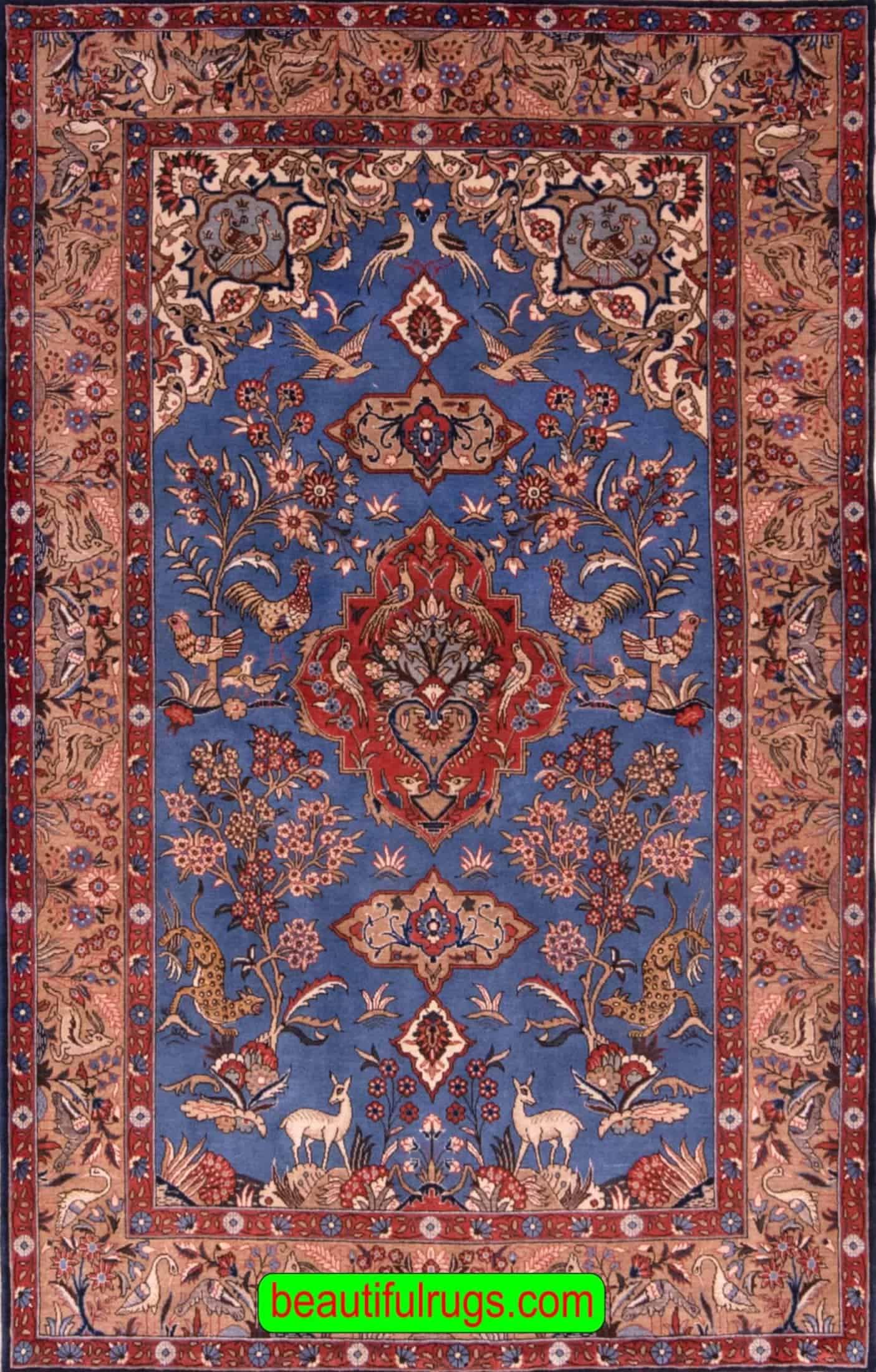 Blue Color Handmade Persian Qum Rug with Rooster and Deer. Size 4.7x7.