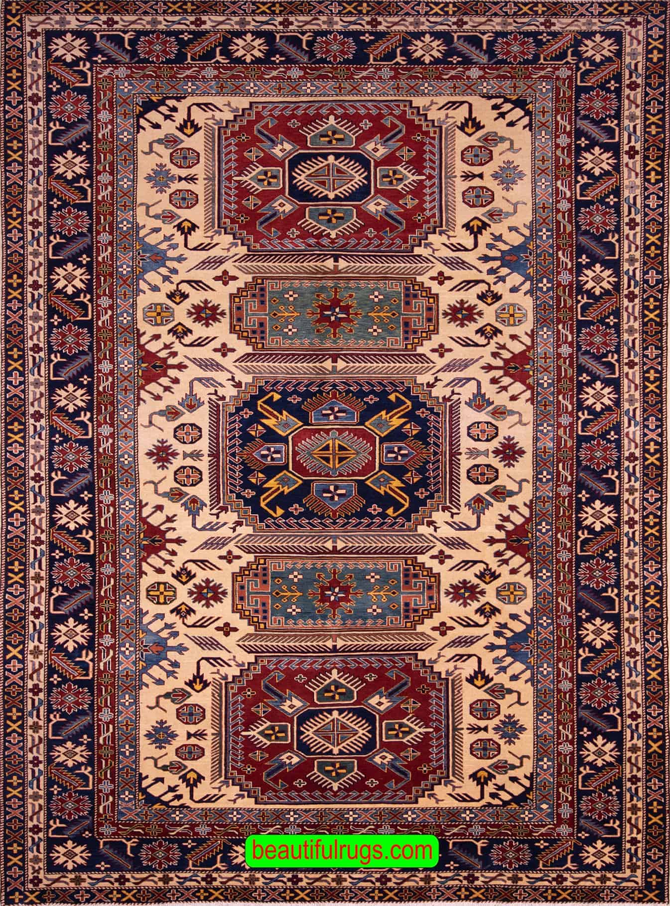 Hand Woven Oriental Rug, Geometric Caucasian Rug, size 7.1x10.5
