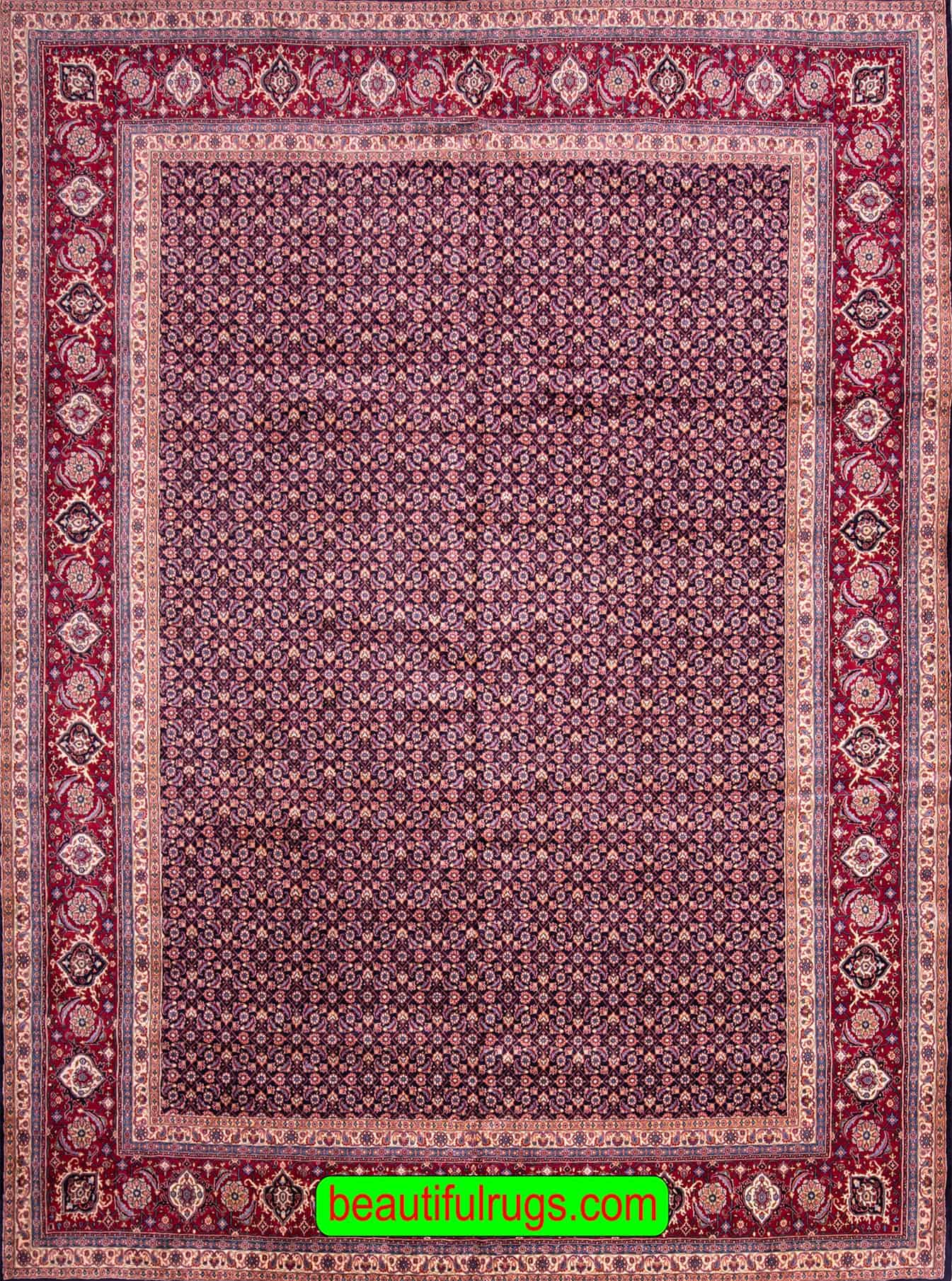 10x12 rug, hand woven Persian Hamadan rug in navy blue color and allover Herati design.