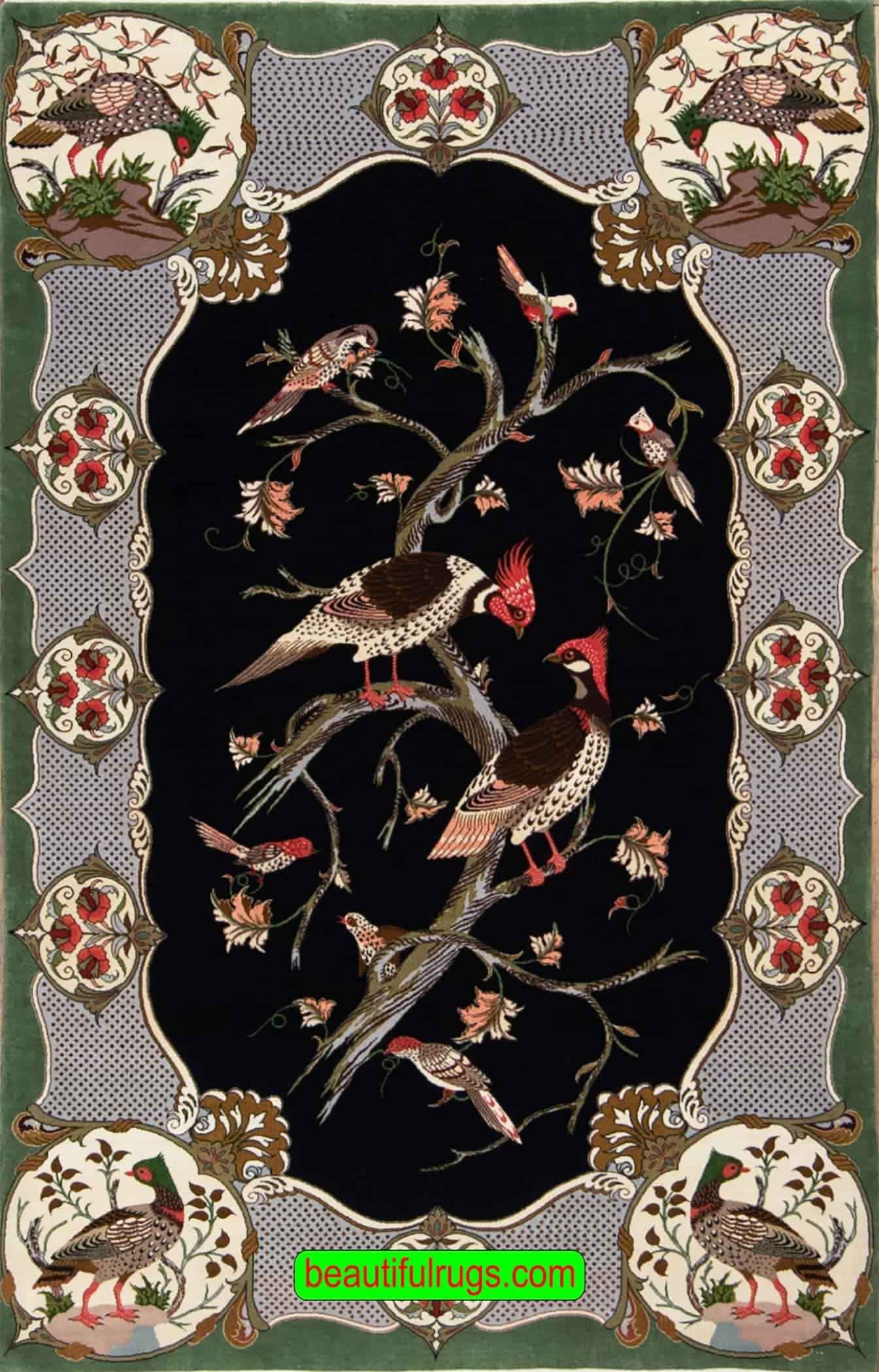 4x6 rugs, Persian hand knotted rug, qual design rug made in Qum Iran, in black and green colors.