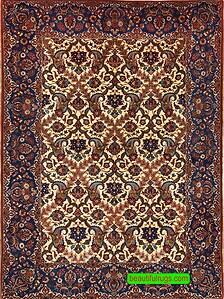 Antique Isfahan rug, floral allover design antique Persian rug with beige and blue colors. 