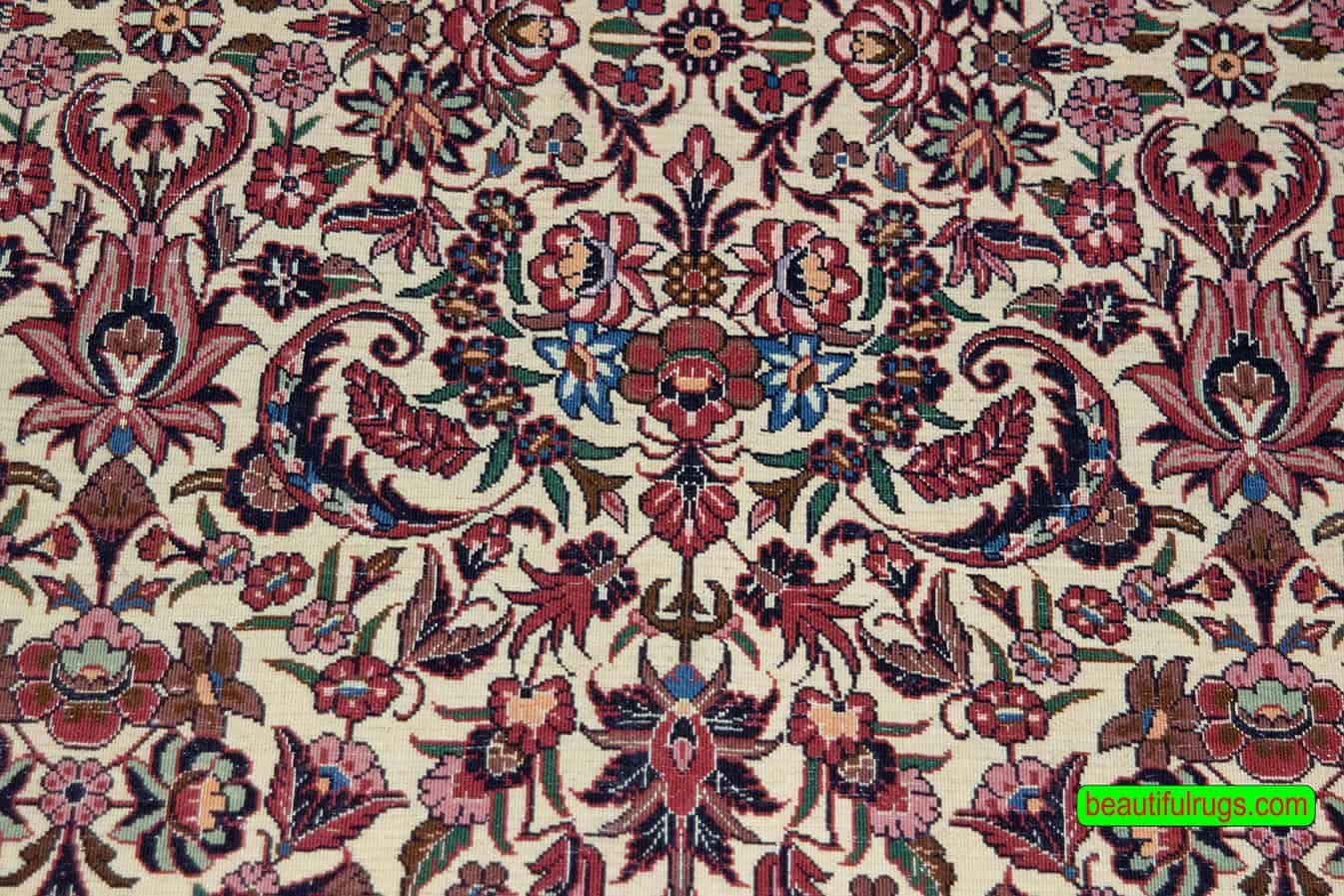 1NOR- Beautiful handmade floral Persian Bijar area rug with beige rose colors. Size 6x8x 9.11. Backside image.