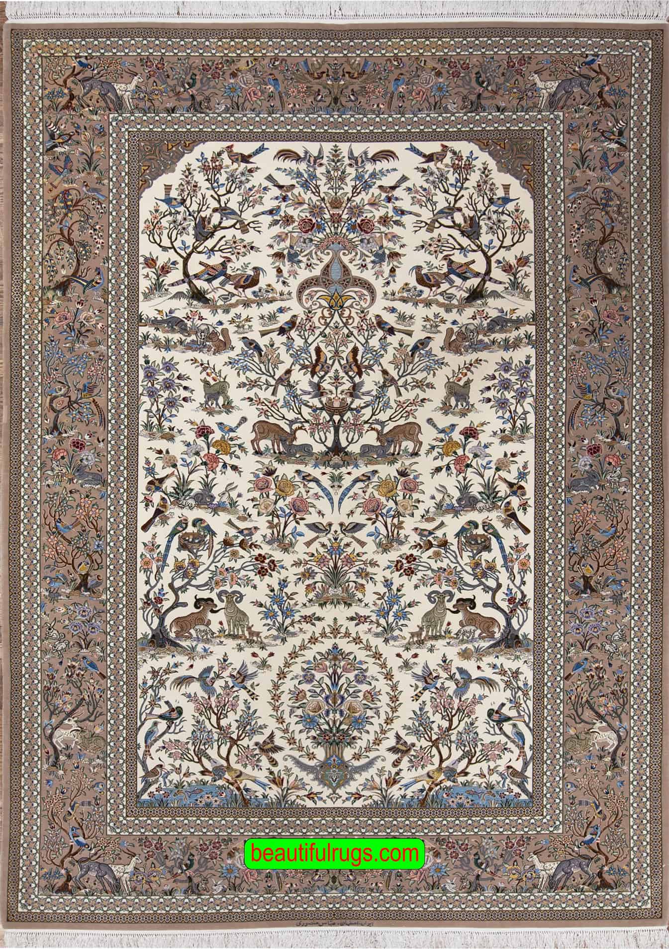 Persian rug with animals handmade Persian Isfahan rug made from highest quality kork wool and silk crafted by Abbas Mansouri the Isfahan master weaver. Rug size 7x10.4.