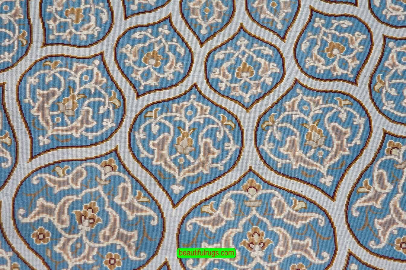 2399- Blue Persian rug, hand woven Mosque Dome design Persian Isfahan rug made from kork wool and silk. Size 3.8x5.8. Backside image.