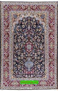 Arch design Persian Isfahan rug with vase and flowers, navy blue and red. Size 5x8.2