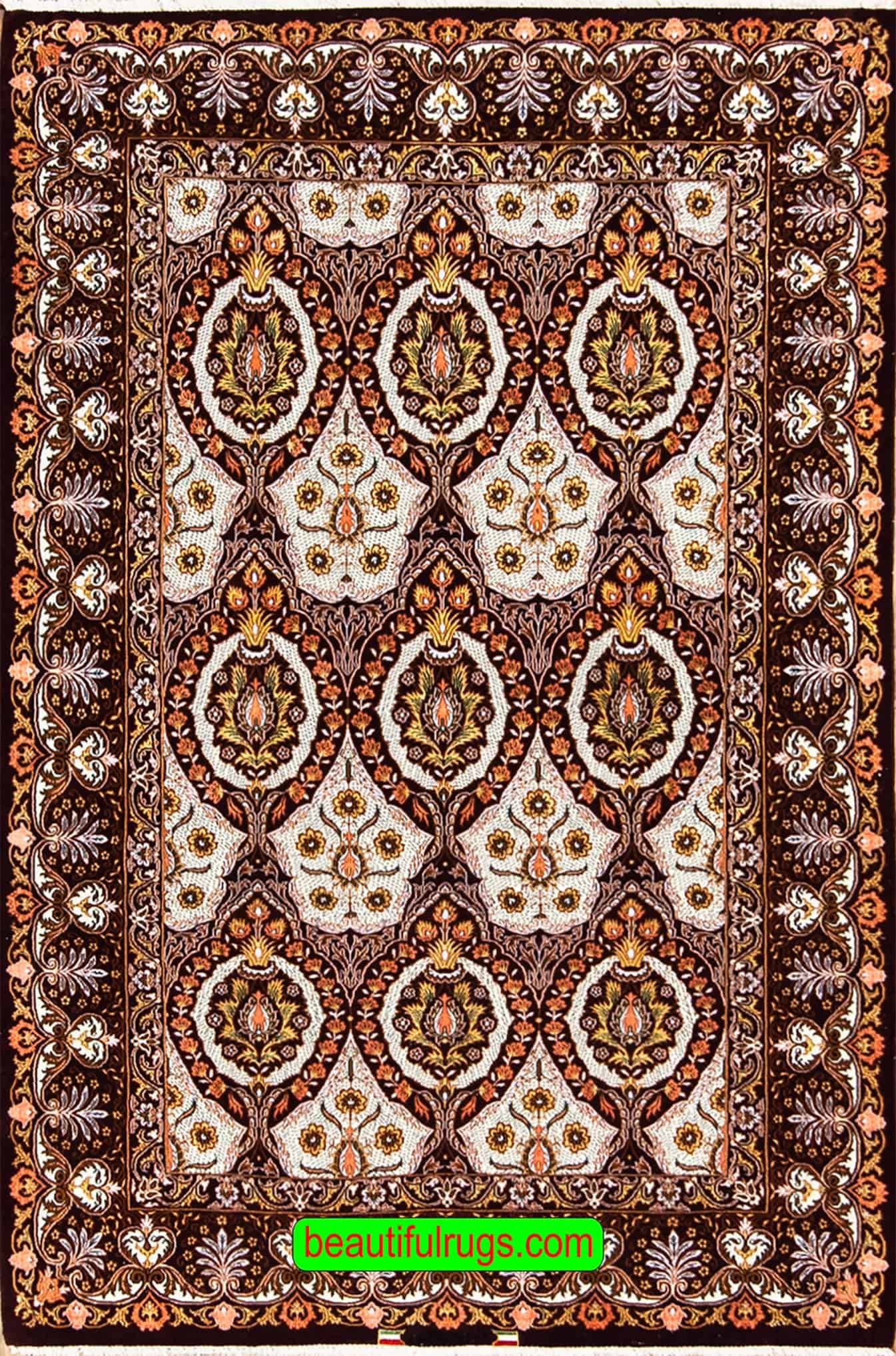 2627- Eggplant rug, Hand woven Persian Isfahan kork wool and silk rug, Ghajar design. Size 4 x 6