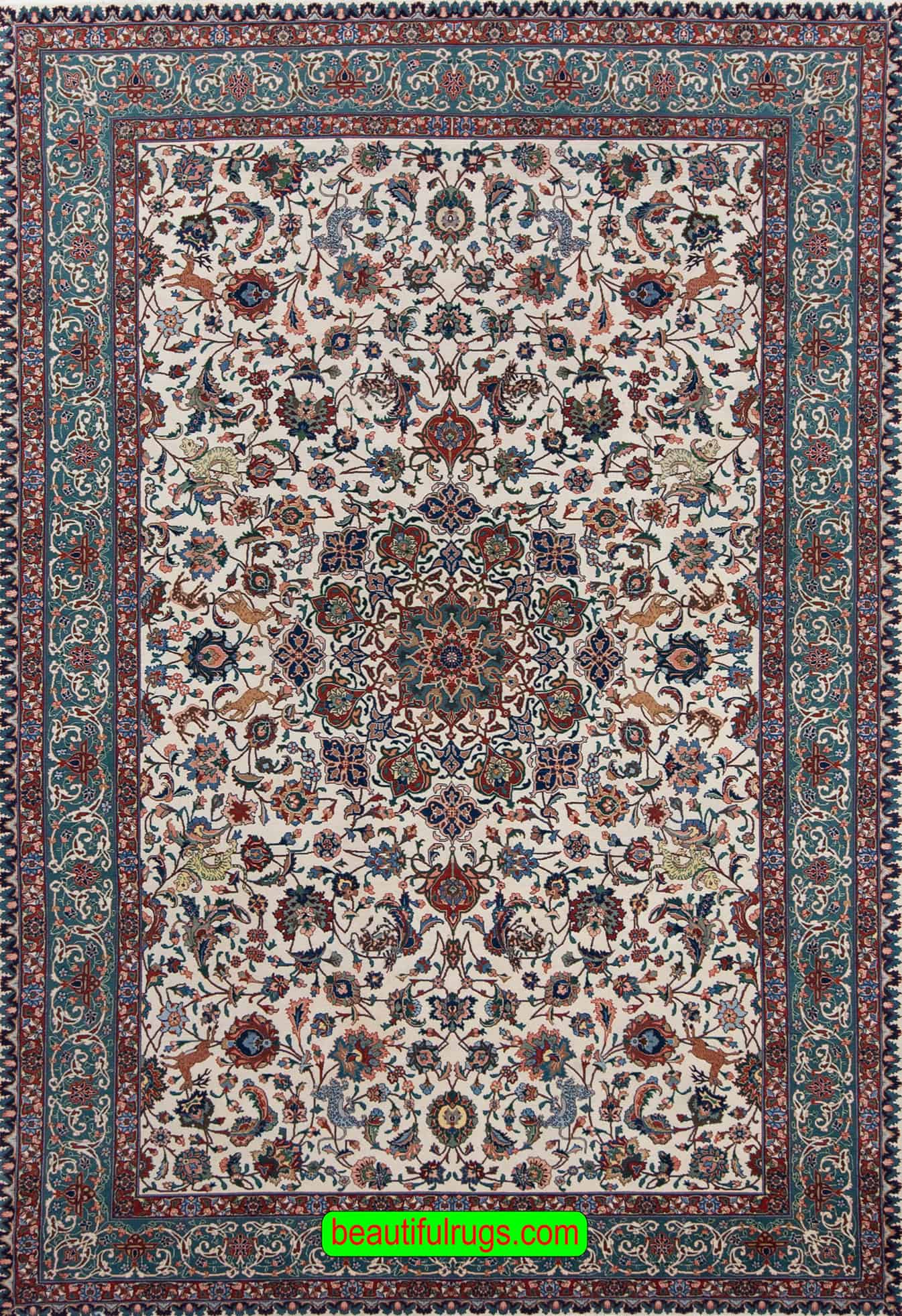 Hand knotted old Persian Tabriz rug with beige and green colors. Size 6.9x10.2.