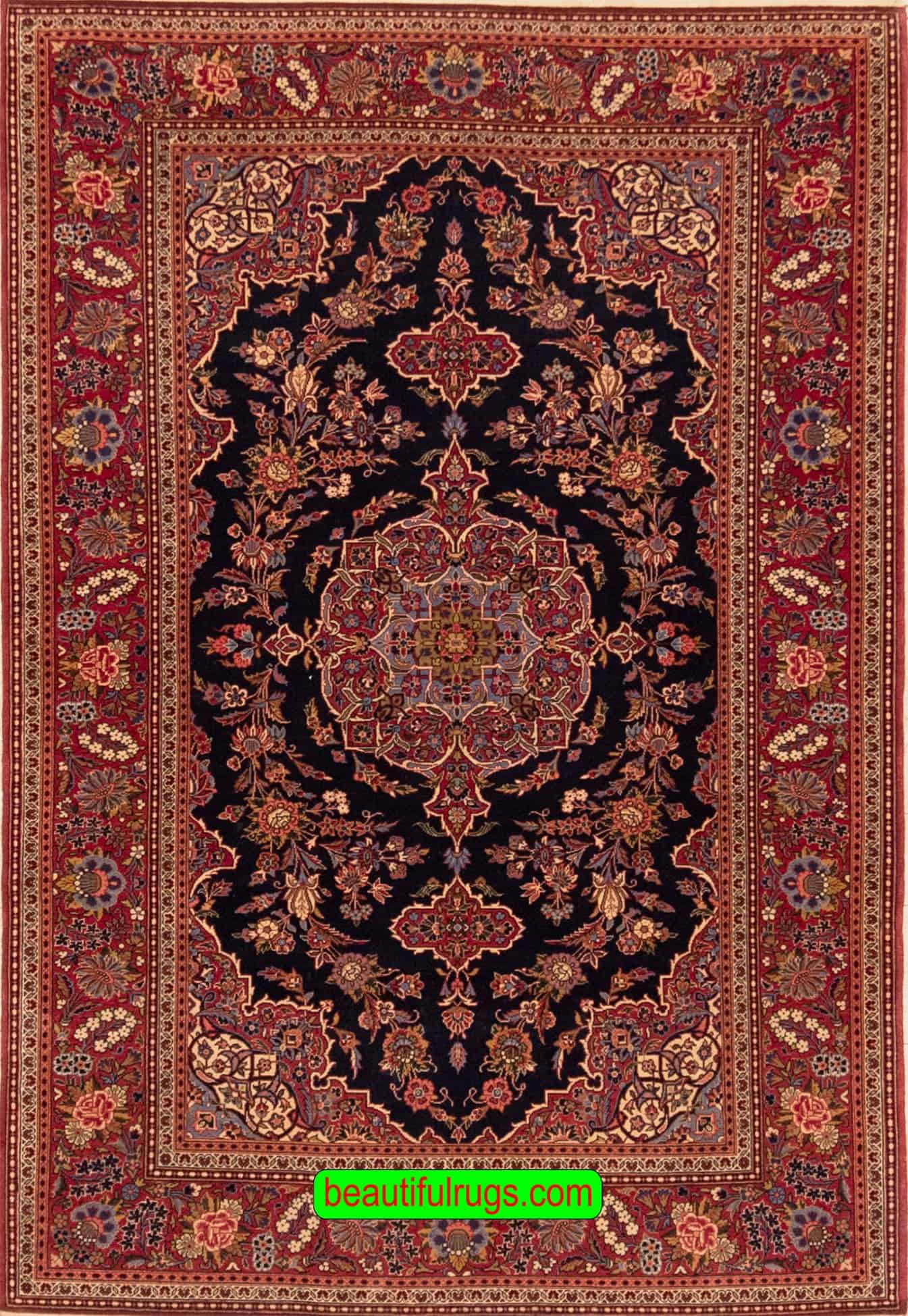 Handmade Vintage Rug, Antique Persian Kashan Rug, Navy Blue Rug. Size 4.4x7.