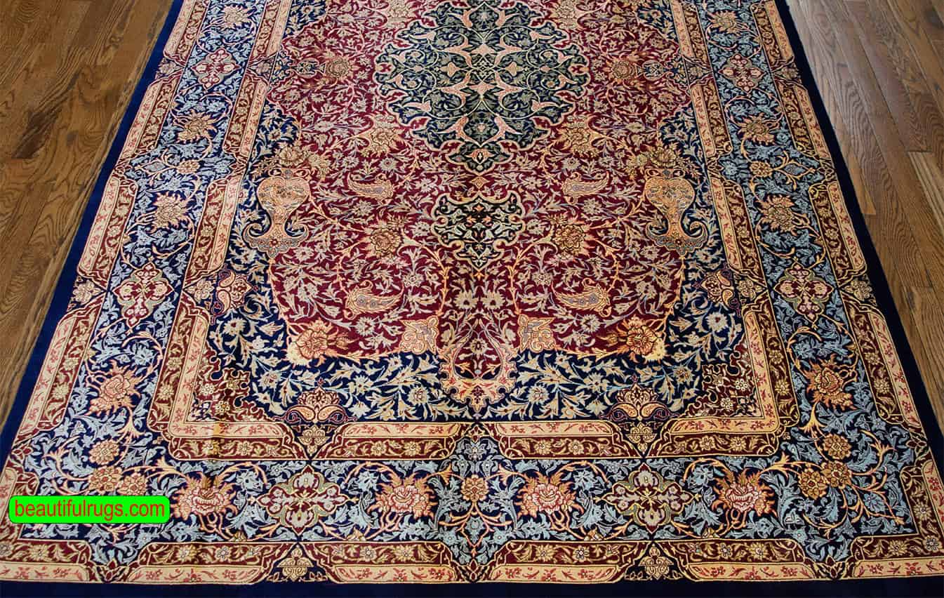 Persian silk rug with red and navy blue color. Size 5x8.7