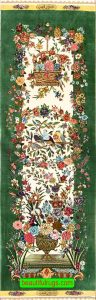 Pure silk Persian Qum runner rugs, floral green runner rug with birds and basket of flower.