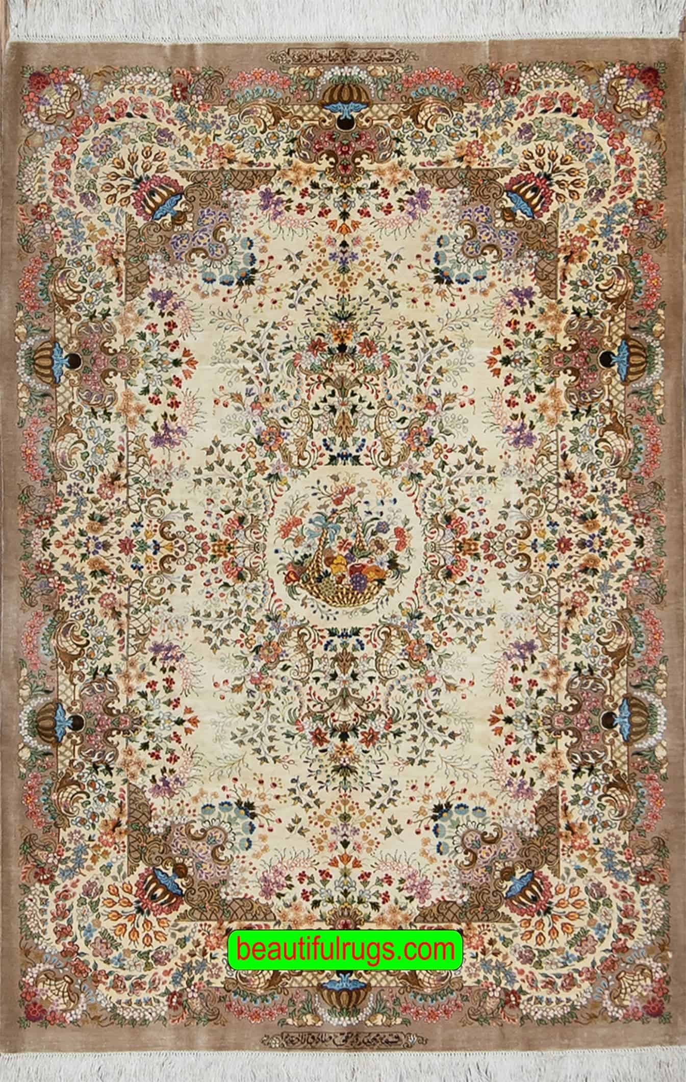 Elegant silk Persian rug, hand knotted pure silk Iranian Qum carpet. Size 3.5 x 5.