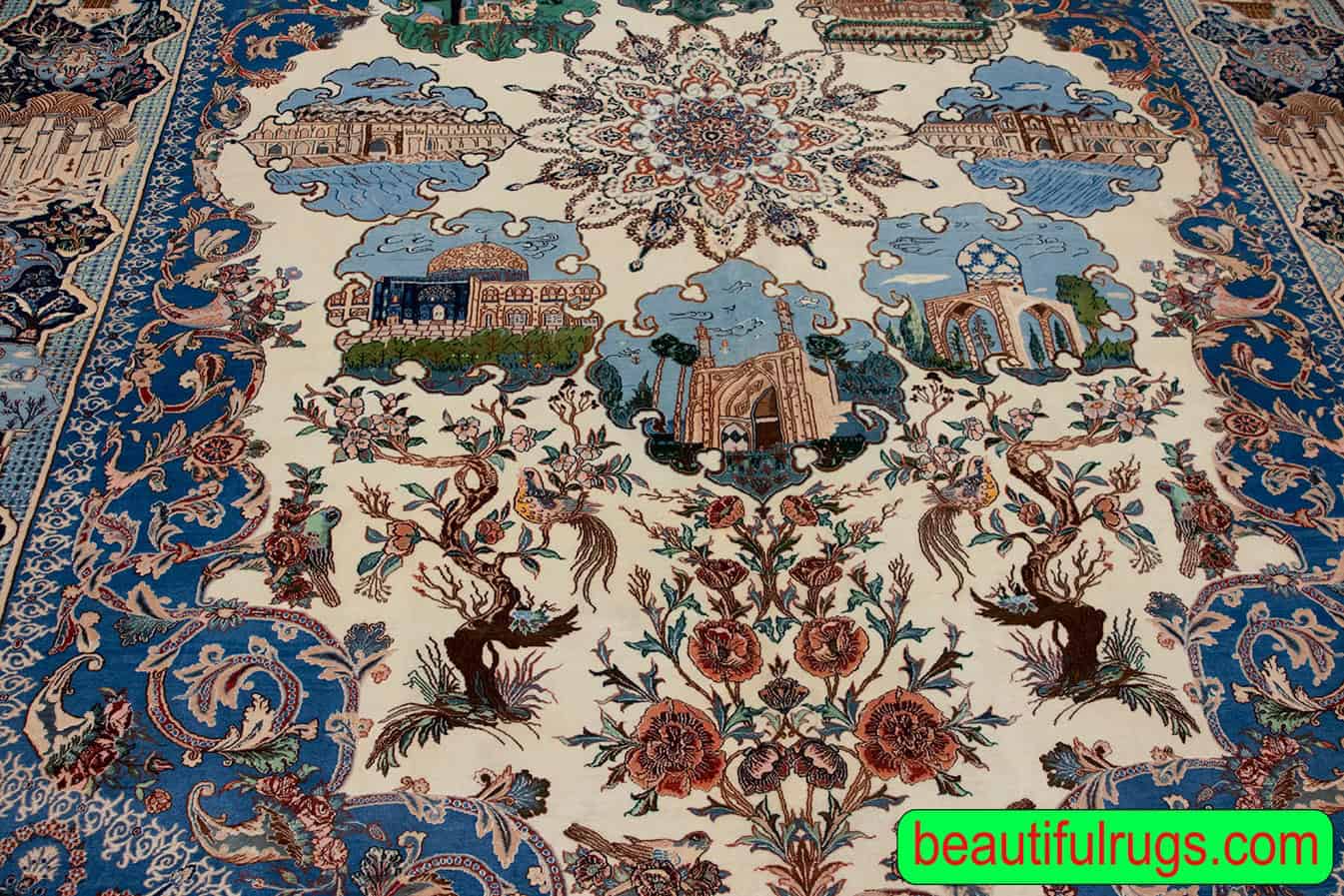 Persian Nain rug illustrating Persepolis and tomb of Hafez, fine quality Persian Nain rug. Size 8.6x12.4.