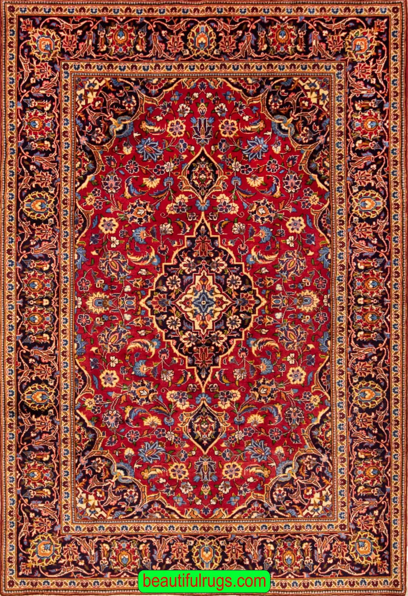 Old Rug, Handmade Persian Kashan Rug, Traditional Red Color Rug. Size 4.6x6.6.