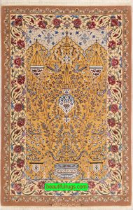 4x6 yellow rug, fine quality handmade Persian Isfahan rug made from finest kork wool and silk. Size 4.2x6.