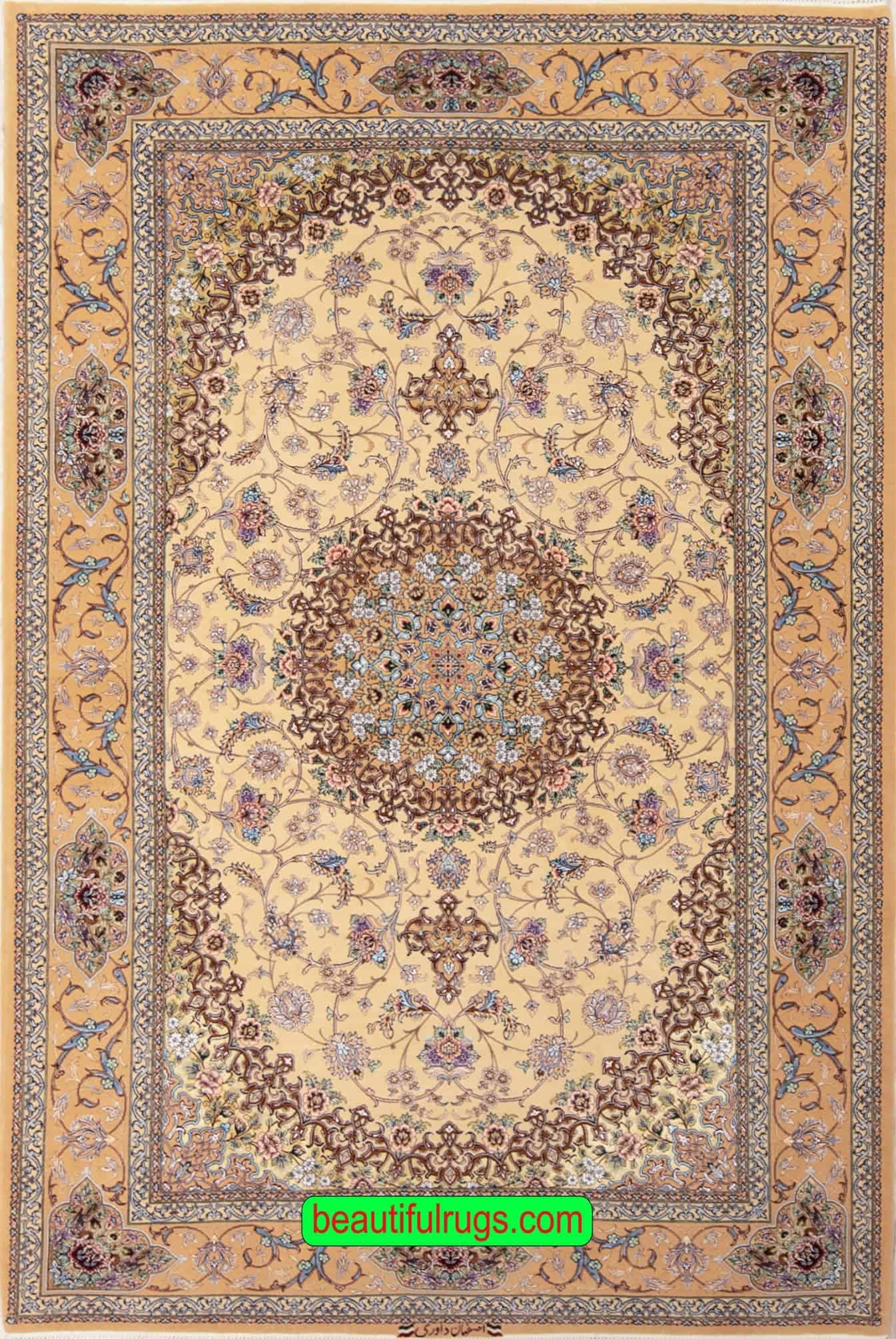 2446- Ivory Persian rug, handmade Persian Isfahan rug made by Davari, kork wool and silk rug. Size 5.2x8.