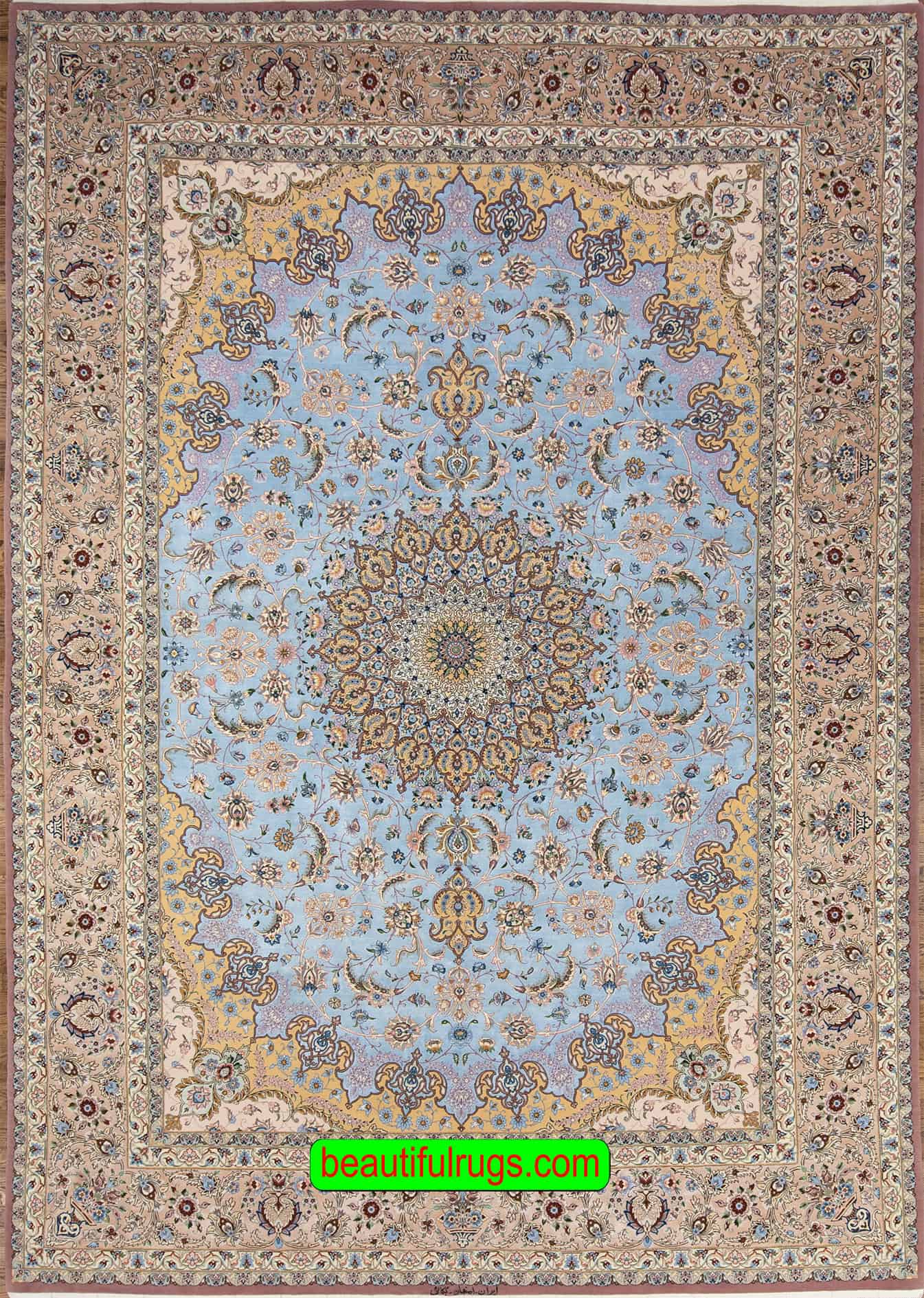 Persian rugs, blue color silk and wool handmade Persian Isfahan rug. Size 8.5x12.2.