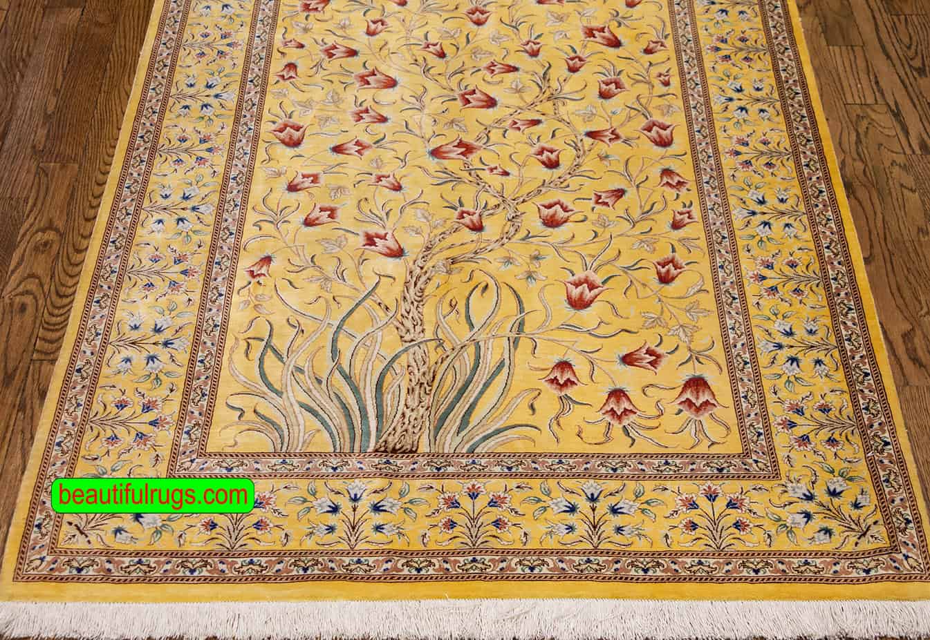 Yellow rug, handmade Persian Qum Pure silk rug with tree of life rug. Size 3.4x5.