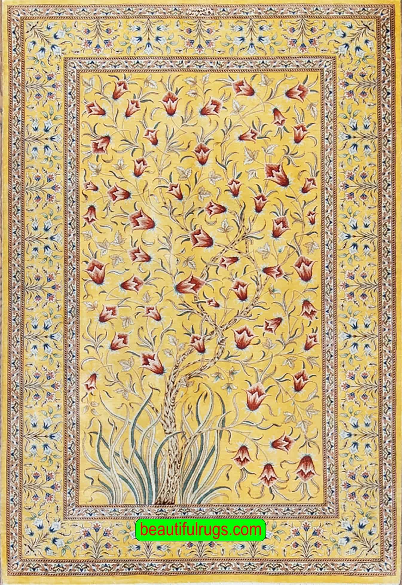 Yellow rug, handmade Persian Qum Pure silk rug with tree of life rug. Size 3.4x5.