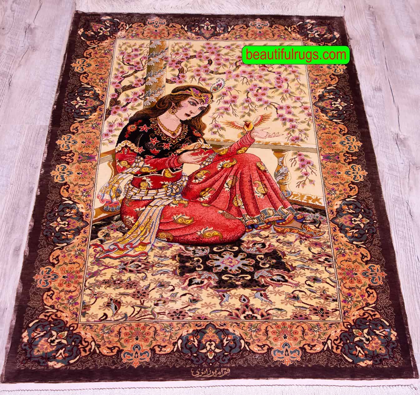 2523- Pure Silk Wall Hanging Rug, Hand Knotted Persian Qum Silk Rug. Size 2.7x4. 