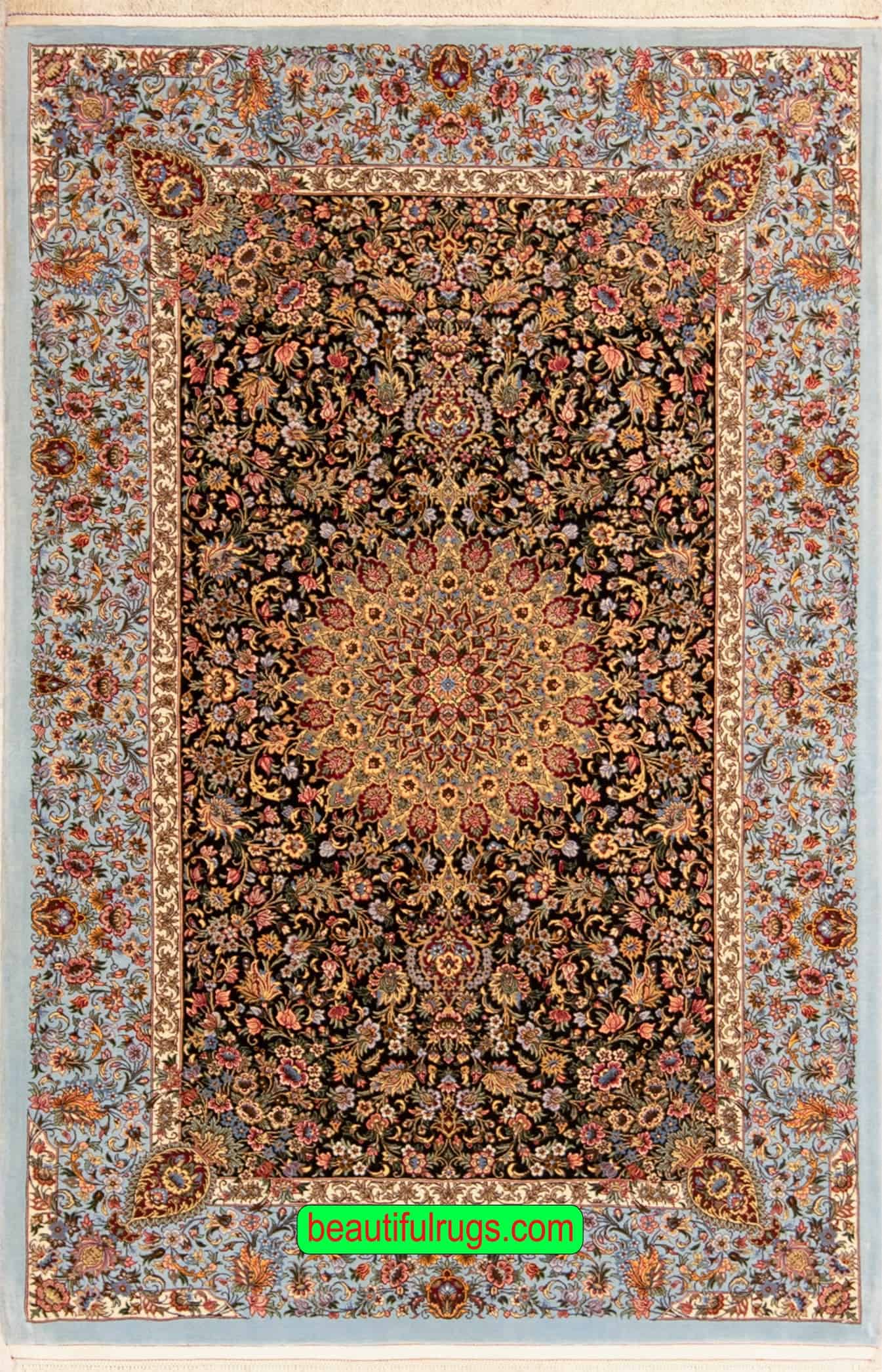 Hand woven Persian Qum rug, made from kork wool and silk in black and blue colors. Size 4.7x7.