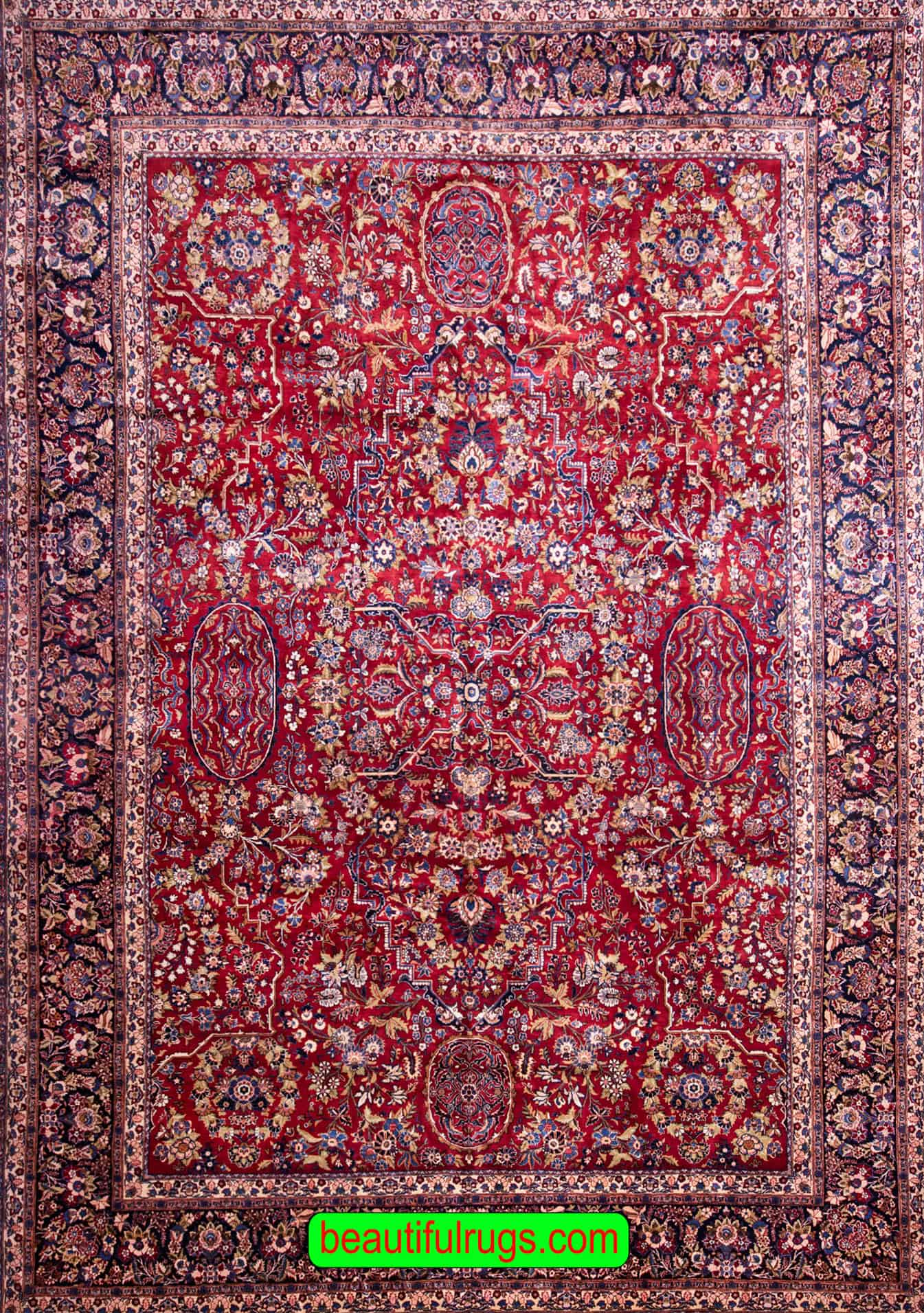 10x15 rug, handwoven large Persian rug made in Kashan Iran with red and navy blue colors.