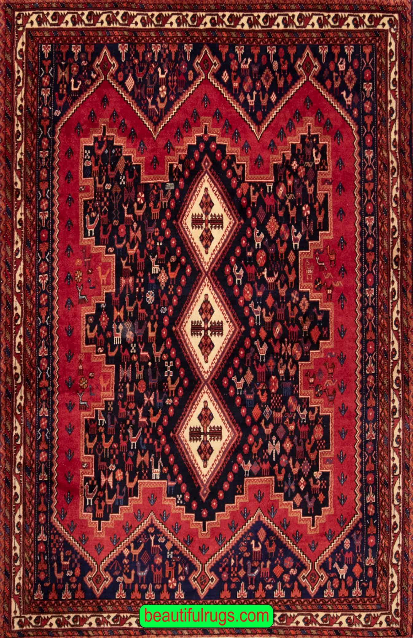 Carpets Iranian. Handmade Persian Shiraz, geometric style rug in red and navy blue colors. Size 5.10x8.1.