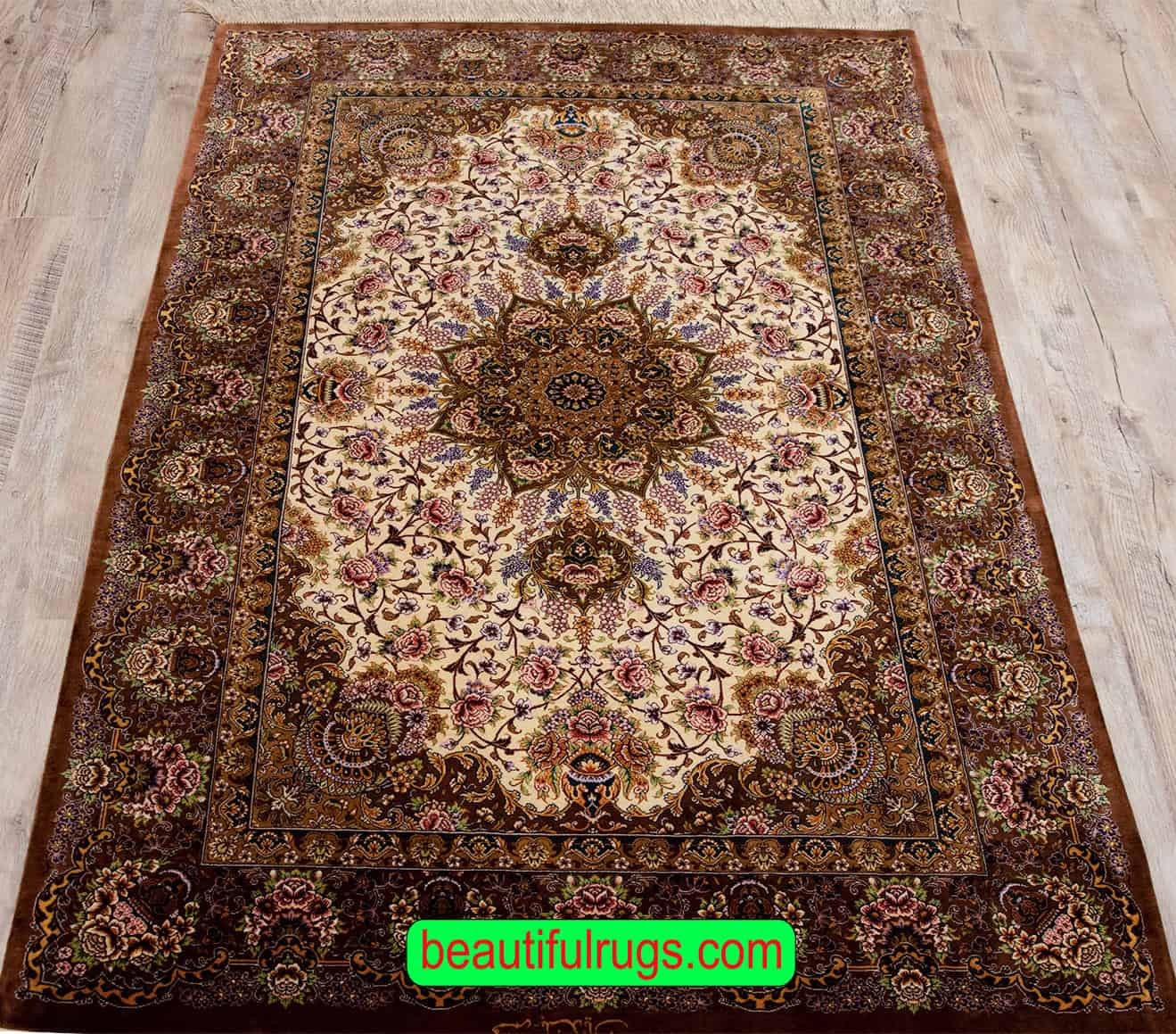 Brown silk rug, handmade Persian Qum pure silk rug. Size 3.7x5.2.
