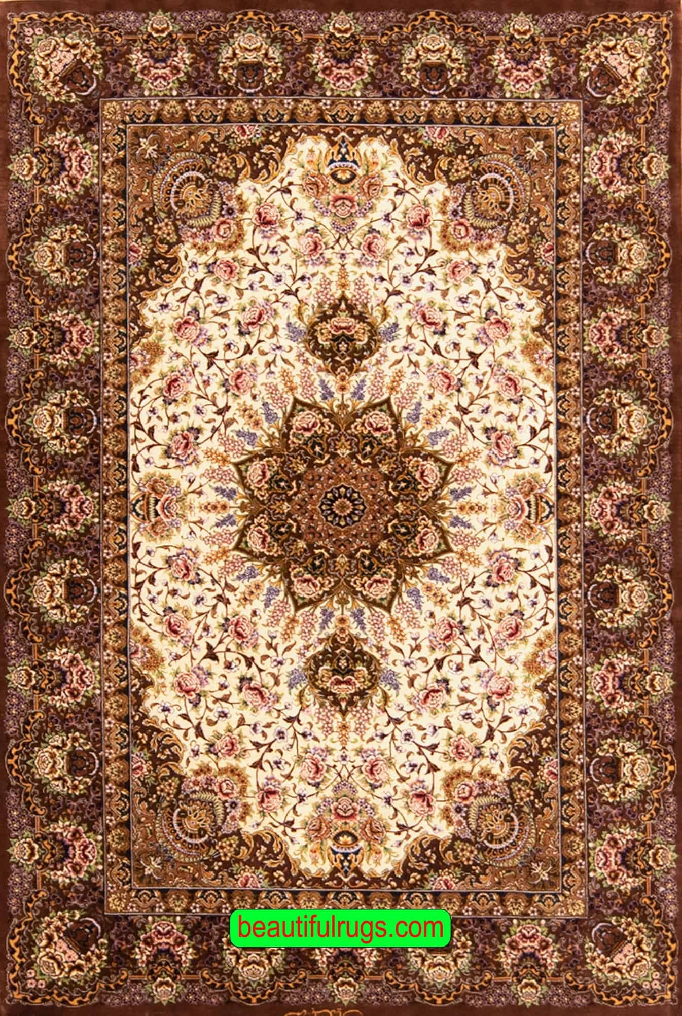 Brown silk rug, handmade Persian Qum pure silk rug. Size 3.7x5.2.